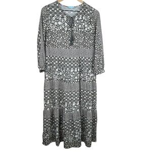 J. McLaughlin Dress XS Hortense Black & White Midi Floral 3/4 Bishop‎ Sleeves